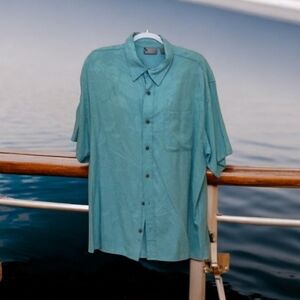 Island Shores men’s tropical Turquoise-casual top XL pocket front button…